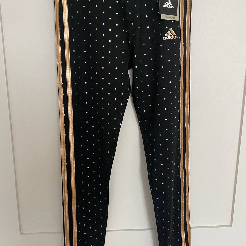NWT Girls Adidas Black/ Rose Gold Polka dot leggings